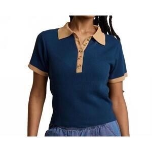 NEW KNOWN SUPPLY zuri knit polo top in sapphire/latte
